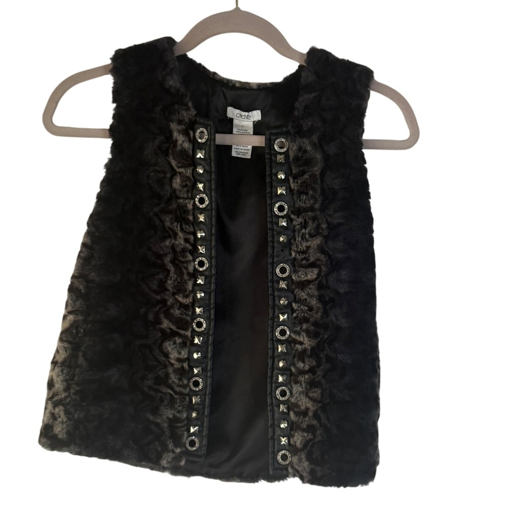 Cache Y2k Faux Fur Vest‎ Studded Embellished Black Brown Animal Print S Small